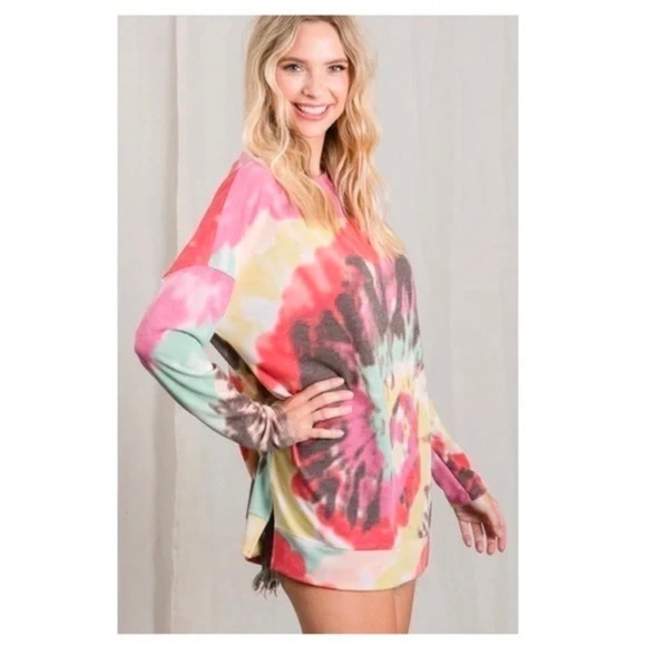 New!! French Terry Spiral Tie-Dye Print Long Sleeve Top with Round Neckline - Picture 8 of 10